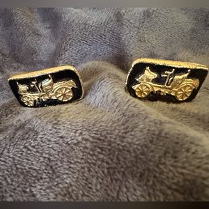 Luxor vintage black and gold unique cuff links. Antique car embossed in gold.